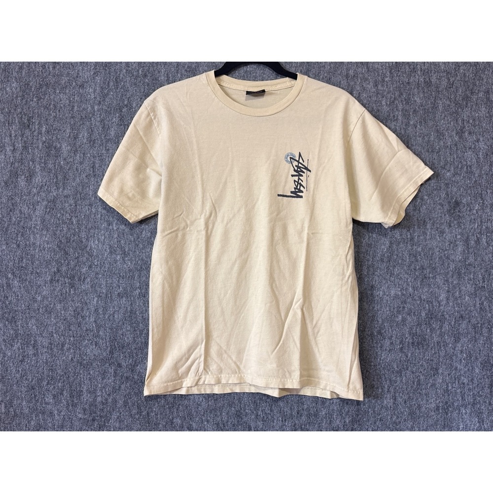 Stussy Script Logo Graphic T-Shirt Cream Beige Mens Size Medium Short Sleeve